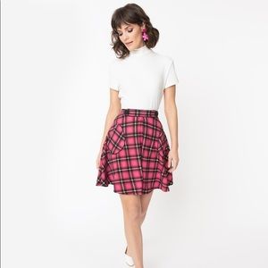 smak parlour 1960s pink plaid flare skirt 4 small